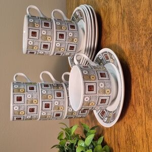 IRONSTONE BROADHURST England Six Cups & Saucers Rushstone Pattern Kathie Winkle